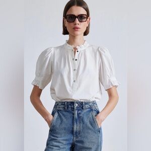Apiece Apart Top XS White Organic Cotton Snap Closure Ruffle Puff Sleeve Womens
